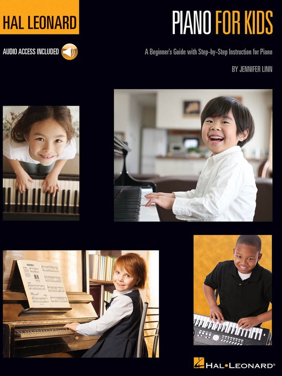 Boek 'Piano for Kids' met afbeeldingen van kinderen die piano spelen. Bevat HAL LEONARD logo.