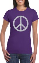 Toppers Paars Flower Power t-shirt zilveren glitter peace teken dames - Sixties/jaren 60 kleding S