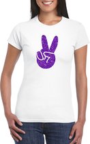 Toppers Wit Flower Power t-shirt paarse glitter peace hand dames - Sixties/jaren 60 kleding S