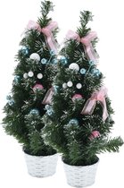2x stuks kunstbomen/kunst kerstbomen inclusief kerstversiering 50 cm - Kunst kerstboompjes/kunstboompjes - Kerstversiering