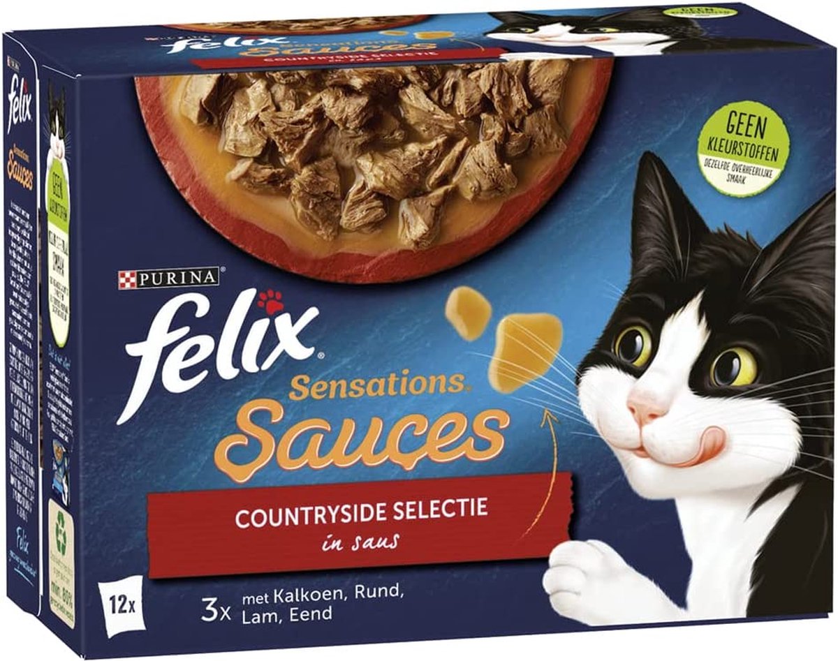 Felix Sensations Sauces kattenvoer, Countryside Selectie in Saus - Katten natvoer - doos van 4 (48 portiezakjes; 4,08kg)