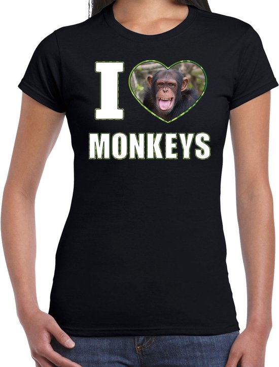 I love monkeys t-shirt met dieren foto van een Chimpansee aap zwart voor dames - cadeau shirt apen liefhebber S