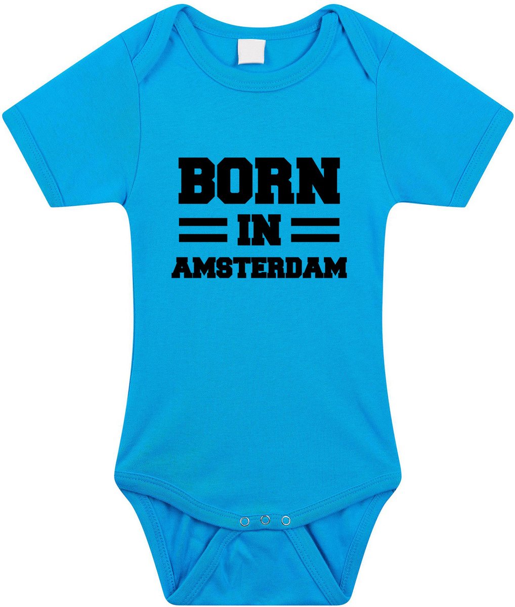 Born in Amsterdam tekst baby rompertje blauw jongens - Kraamcadeau - Amsterdam geboren cadeau 68
