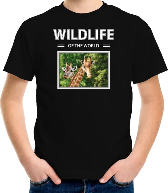 Dieren foto t-shirt Giraf - zwart - kinderen - wildlife of the world - cadeau shirt Giraffen liefhebber - kinderkleding / kleding 122/128