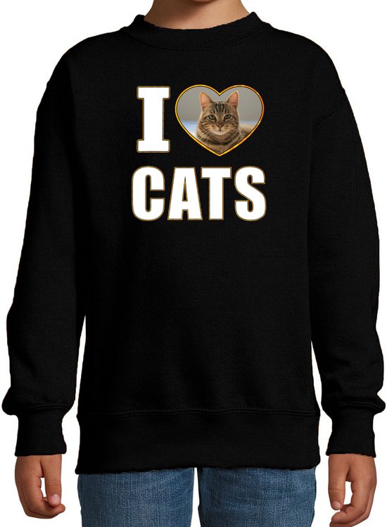 I love cats sweater met dieren foto van een bruine kat zwart voor kinderen - cadeau trui katten liefhebber - kinderkleding / kleding 134/146