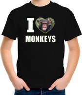 I love monkeys t-shirt met dieren foto van een Chimpansee aap zwart voor kinderen - cadeau shirt apen liefhebber - kinderkleding / kleding 134/140