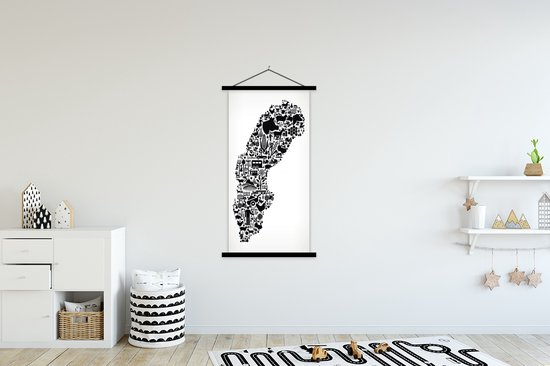 Carte de la Suède avec icônes en noir et blanc 90x180 cm