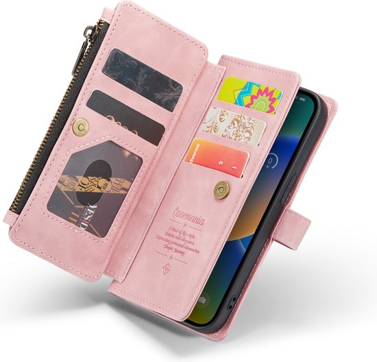 Coque Apple iPhone 14 Pink Pâle - Casemania Luxe Wallet Book Case with Zipper