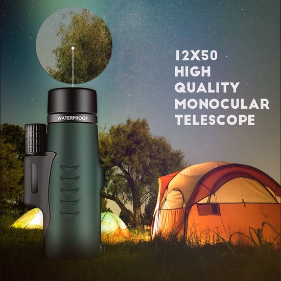 DOCANIO 12x Zoom HD monoculaire telescoop (50 mm lens 22 mm oculair) groot gezichtsveld - monoculair voor volwassenen met telefoonadapter, statief voor vogelobservatie/jagen op reis