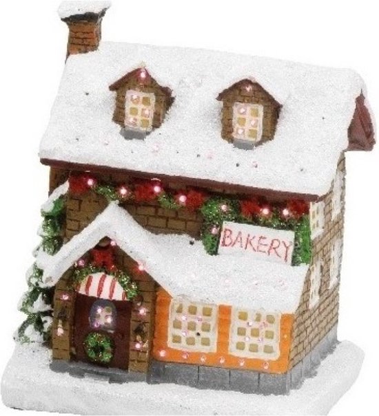 Kerstdorp - kersthuisjes - bakkerij met verlichting - 9 x 11 x 12,5 cm- Kerstdecoratie