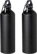 2x Stuks aluminium waterfles/drinkfles zwart met schroefdop en karabijnhaak 800 ml - Sportfles - Bidon