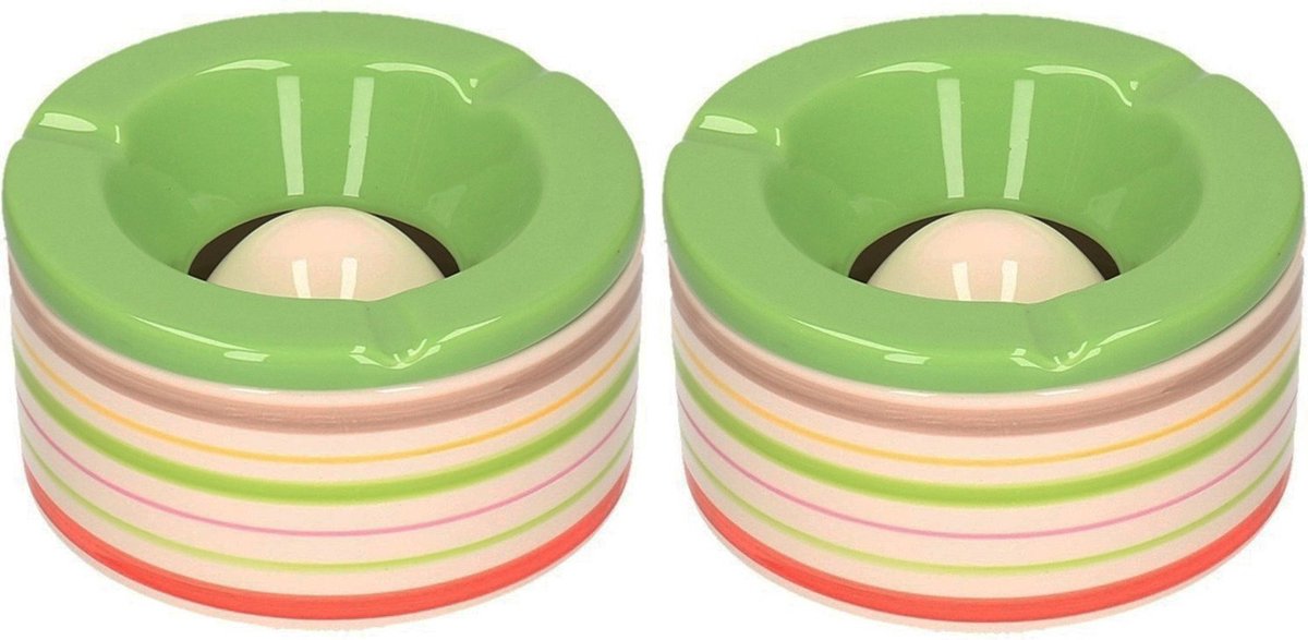 Goedkoopste Set van 2x stuks terras asbakken/stormasbakken rond keramiek 14 x 7,5 cm groen met streep - Buiten asbakken