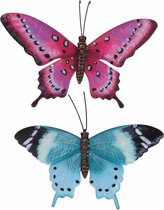 Set van 2x stuks tuindecoratie muur/wand vlinders van metaal in roze en blauw tinten 44 x 31 cm