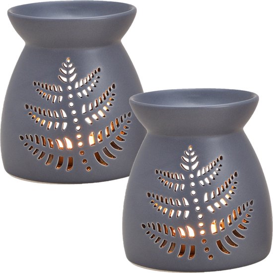2x stuks ronde geurbrander/oliebrander met blad decoratie keramisch grijs 11 x 13 cm - Waxbrander - Aromabrander - Geurbranders