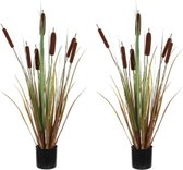 2x Groene Lisdodde/grasplant kunstplanten met sigaren 90 cm in bruine pot - Kunstplanten/nepplanten - Grasplanten