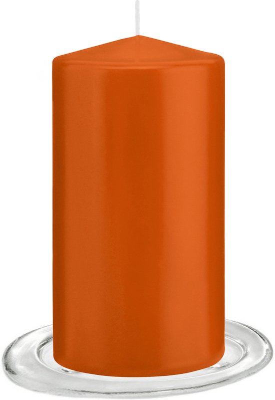 Trend Candles - Stompkaarsen met glazen onderzetters set van 2x stuks oranje 8 x 15 cm