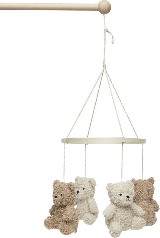 Houten speelgoedmobiel met vier teddyberen, twee bruin en twee lichtbeige.