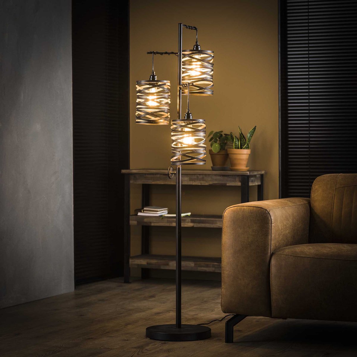 Vloerlamp Wikkel | 3 lichts | 150 cm | zwart / bruin | metaal | staande lamp | woonkamer lamp | modern / landelijk design