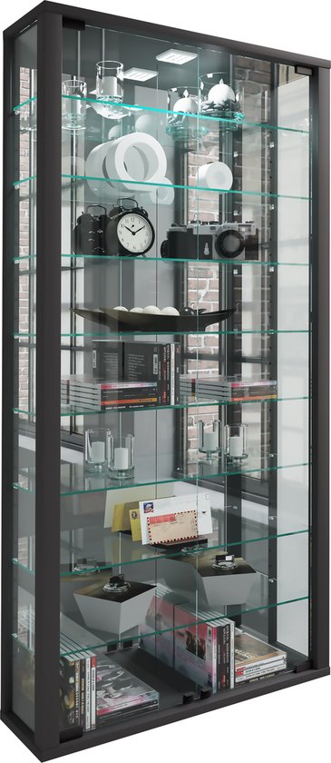 VCM Stano Mini Wandvitrinekast - Hangende Glazen Vitrine Wit - 115x33x18 Cm Met 4 Variabele Glazen Legplanken
