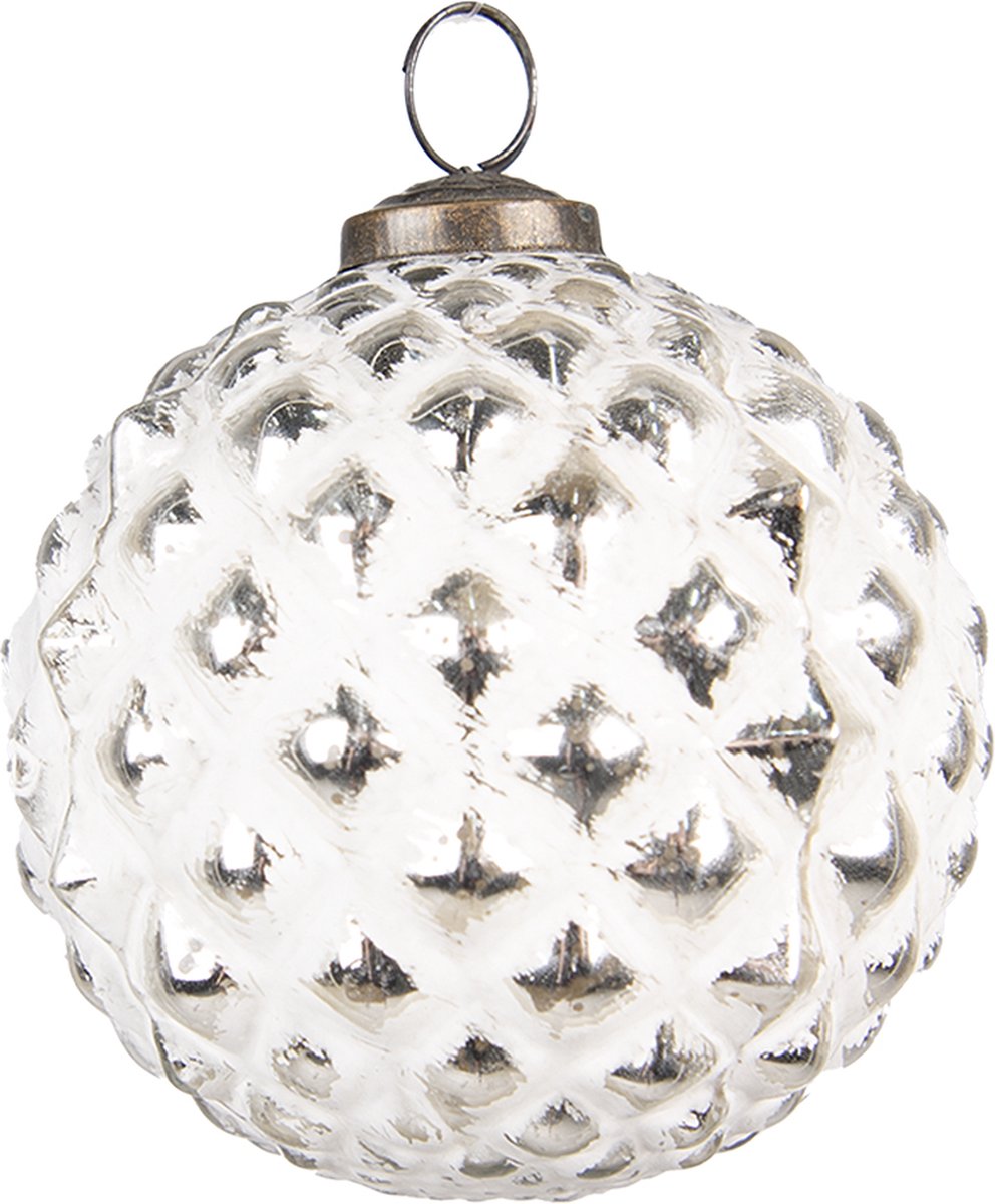 Kerstbal van 10 cm doorsnede in wit en zilverkleurig glas van Clayre & Eef.