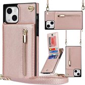 Geschikt Voor iPhone 13 Hoesje Met Koord - Solidenz Portemonnee Hoes - Telefoonhoesje Met Koord - Wallet Case - Cover Hoes Met Koordje - Backcover Met Koord - Rosegoud