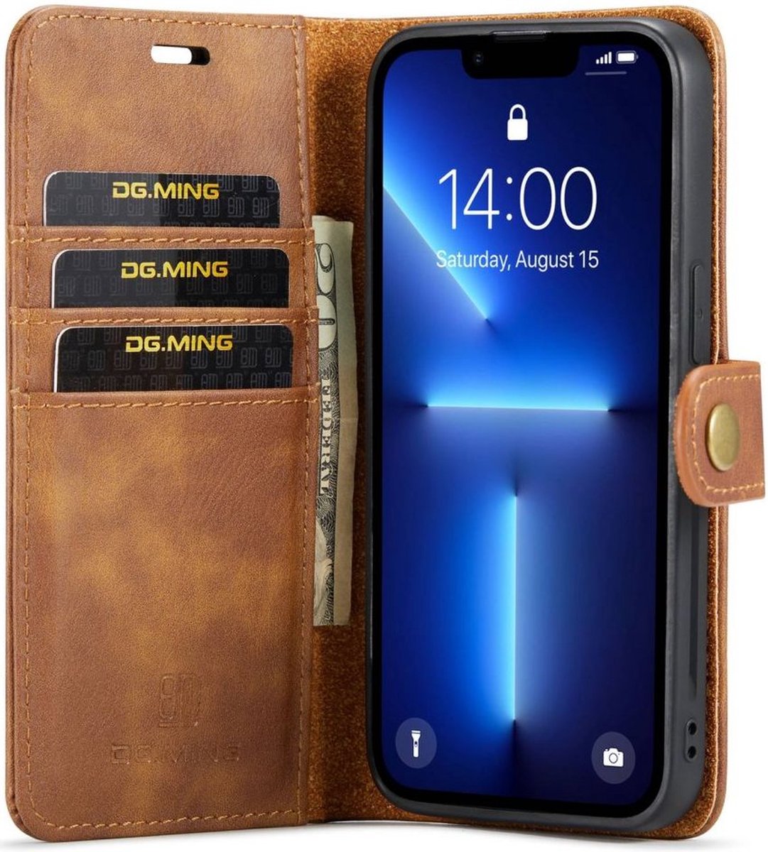 DG Ming iPhone 14 Pro Max Hoesje 2-in-1 Book Case en Back Cover Bruin
