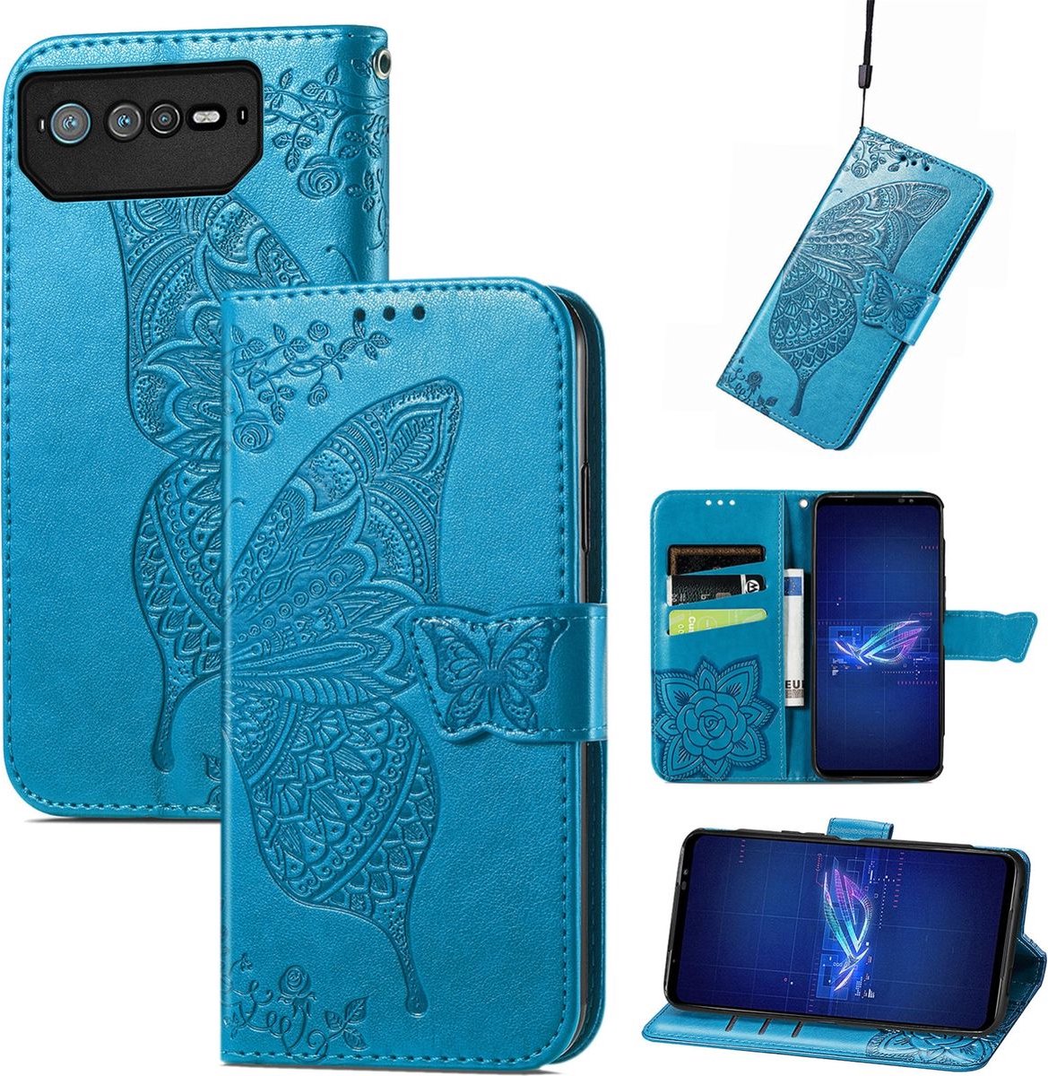 Mobigear Telefoonhoesje geschikt voor ASUS ROG Phone 6 Hoesje | Mobigear Butterfly Bookcase Portemonnee | Pasjeshouder voor 3 Pasjes | Telefoonhoesje voor Pinpas / OV Kaart / Rijbewijs - Blauw