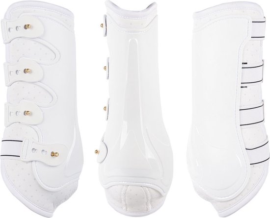 Set van drie witte peesbeschermers met gouden gespen en klittenbandsluitingen.
