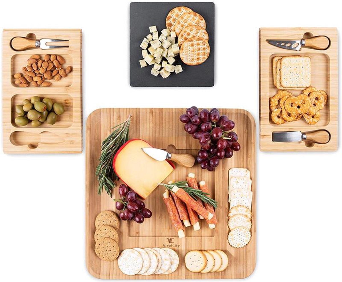 Borrelplank Bamboe - Kaasplank Met 4 Messen - Tapasplank Uitschuifbaar - Serveerplank Hout - Kaasplank Met Kaasmesjes - dienblad - Keramische Plaat — cadeau in Kookcadeaus - foto 8