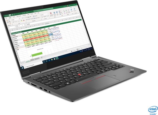 Grijze Lenovo laptop met opengeklapt scherm waarop een Excel-spreadsheet met grafiek wordt getoond.