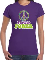 Toppers Jaren 60 Flower Power verkleed shirt paars met groene en paarse letters dames - Sixties/ jaren 60 kleding XL
