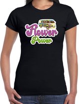 Toppers Jaren 60 Flower Power verkleed shirt zwart met hippie busje dames - Sixties/jaren 60 kleding XXL