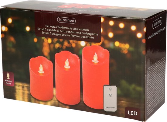 Set 3 bougies rouges cire LED vacillant avec télécommande