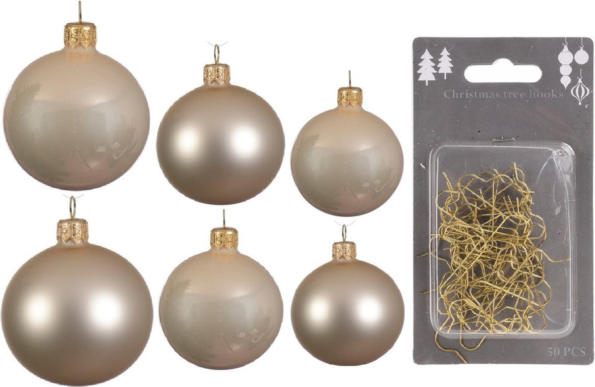 Groot pakket glazen kerstballen champagne glans/mat 50x stuks - 4-6-8 cm incl haakjes