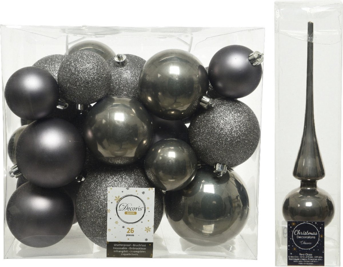 Kerstversiering kunststof kerstballen antraciet grijs 6-8-10 cm pakket van 27x stuks - Met glazen piek van 26 cm