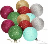 12x Gekleurde glitter kerstballen van piepschuim 6 cm - Kerstboomversiering - Kerstversiering/kerstdecoratie