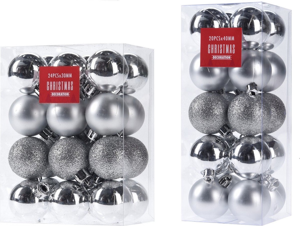 Kleine kunststof kerstversiering set van 3 cm en 4 cm kerstballen in het zilver - 44x stuks - Voor kleine kerstbomen