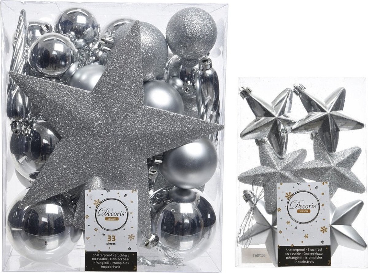 Kerstversiering kunststof kerstballen en hangers zilver 5-6-8 cm pakket van 39x stuks - Met ster vorm piek van 19 cm