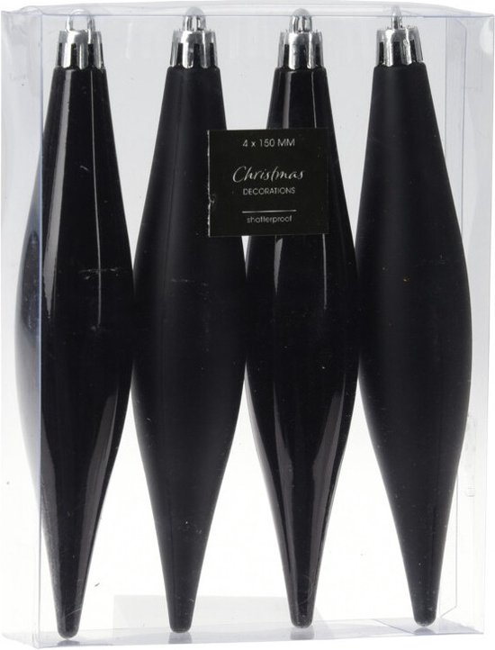 4x stuks kunststof ijspegels kersthangers zwart 15 cm mat/glans - mat/glans - Kerstboomversiering