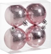 12x Roze kunststof kerstballen 8 cm - Cirkel motief - Onbreekbare plastic kerstballen - Kerstboomversiering roze
