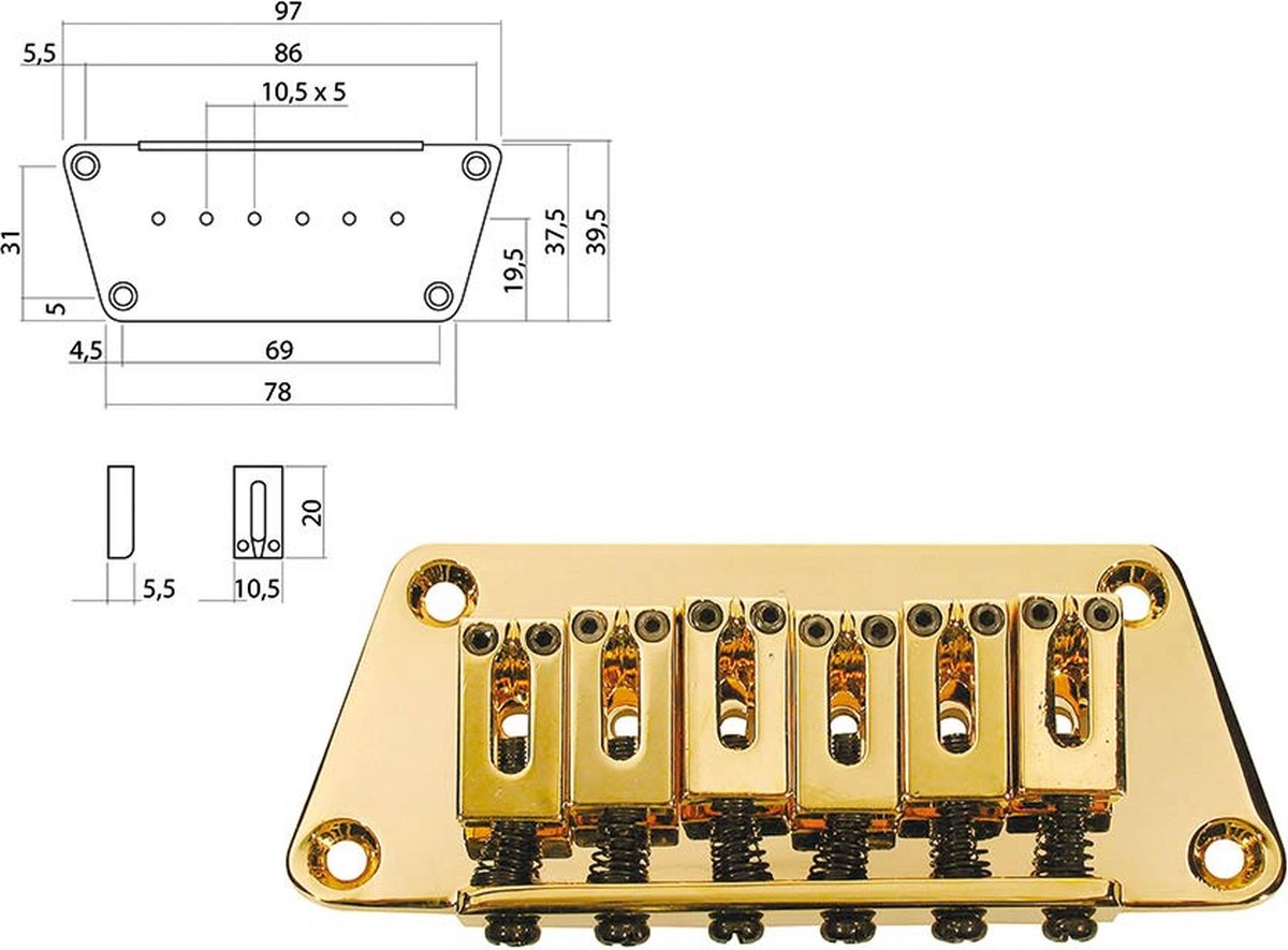Gitaar brug-staartstuk Boston B-1540-G Stallion 10,5mm goud