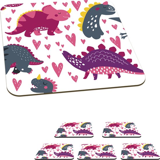 Sous-verres pour verres - Dino - Coeur - Motifs - Rose - Filles - Dinosaurus - 10x10 cm - Sous-verres en verre - 6 pièces