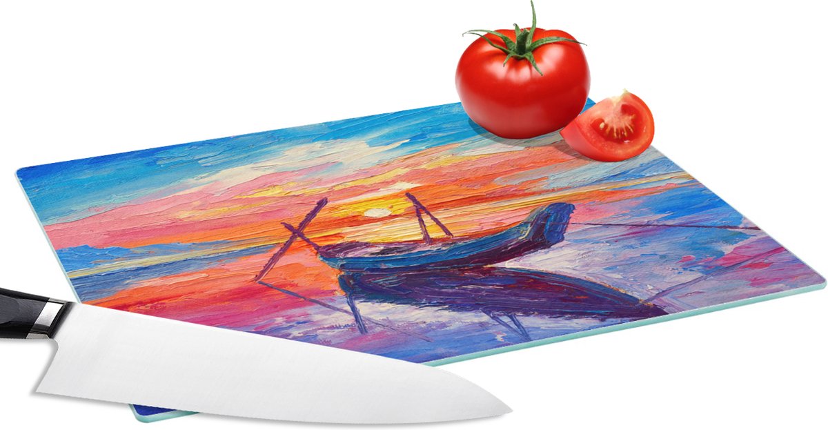Glazen Snijplank - 28x20 - Schilderij - Boot - Olieverf - Water - Snijplanken Glas