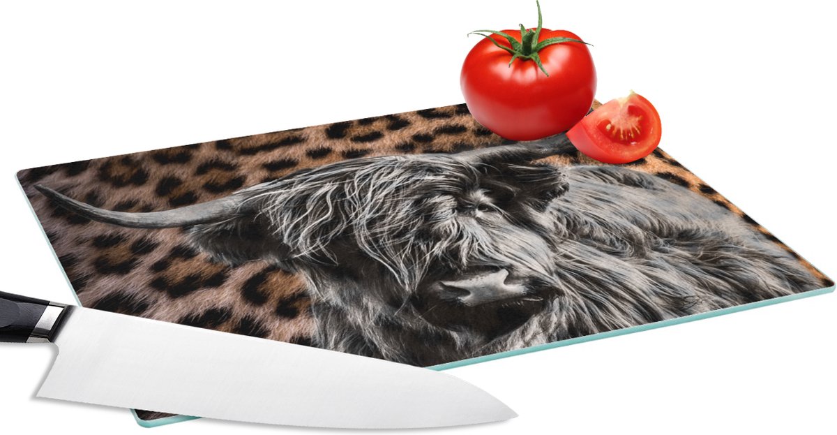 Glazen Snijplank - 28x20 - Schotse hooglander - Panter - Zwart - Wit - Snijplanken Glas