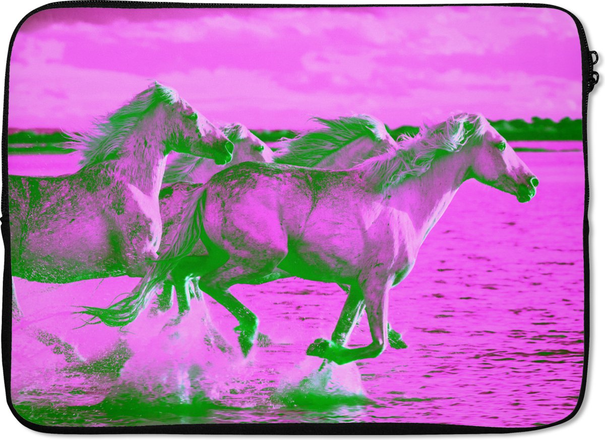 Laptophoes 13 inch - Paarden - Water - Roze - Groen - Meisjes - Kinderen - Meiden - Laptop sleeve - Binnenmaat 32x22,5 cm - Zwarte achterkant
