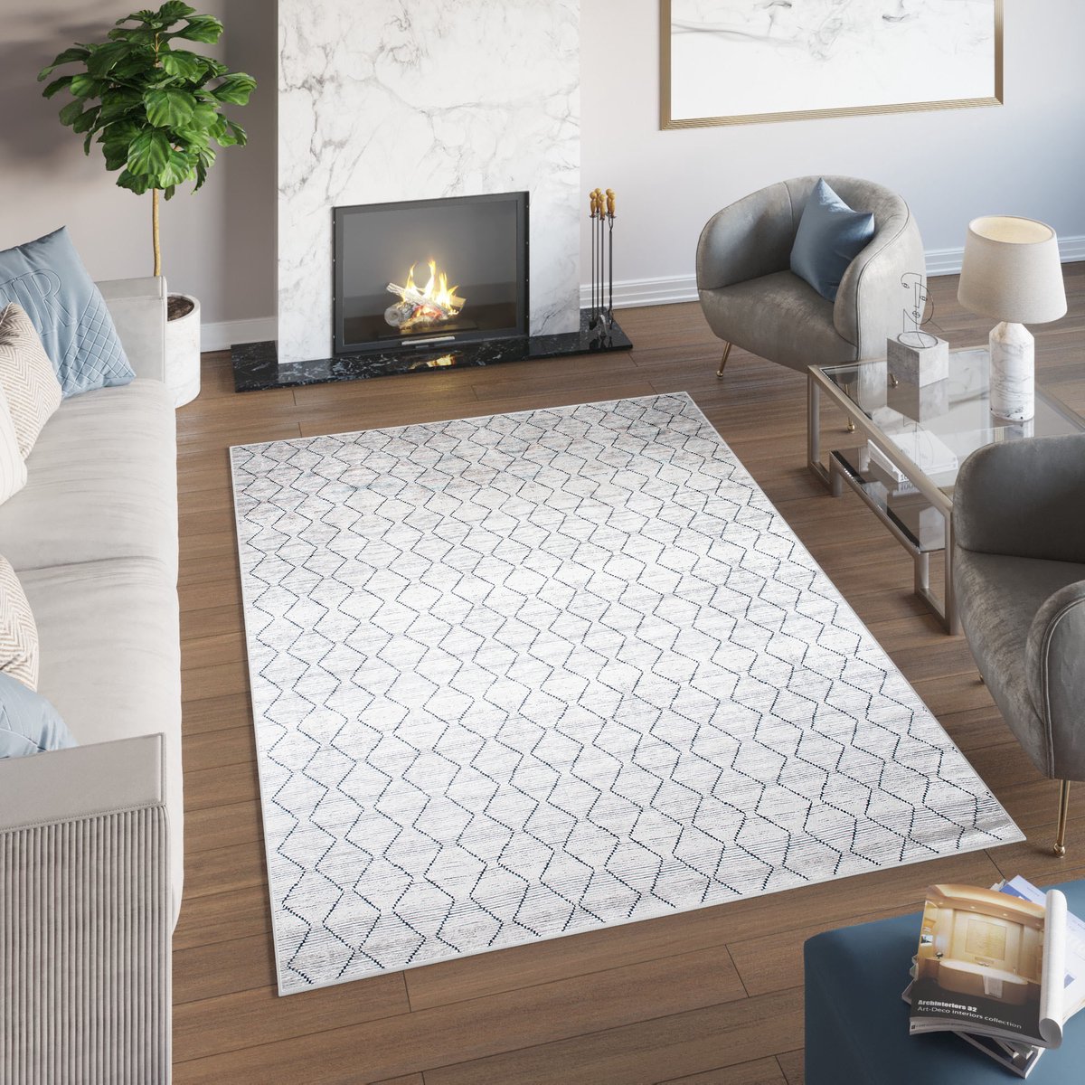 Tapiso Toscana Vloerkleed Geometrisch Grijs Marineblauw Zigzag Tapijt Maat-160x230
