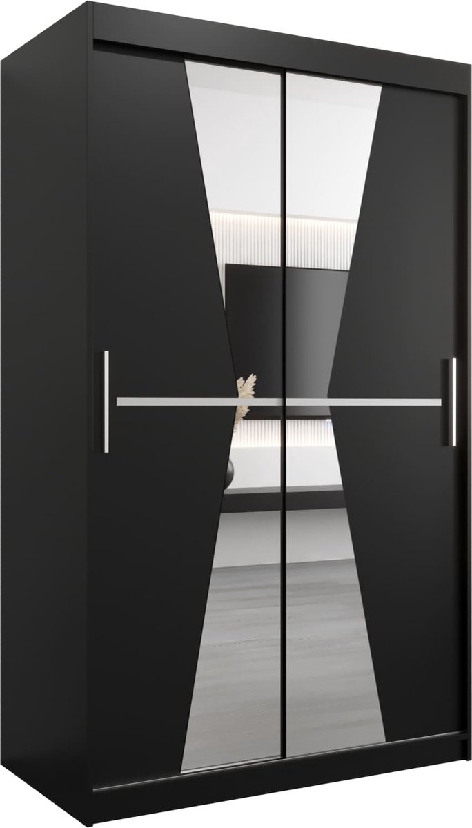 InspireME Kledingkast met 2 schuifdeuren, Modern-stijl, Een kledingkast met planken en een spiegel (BxHxD): 120x200x62 - TOTO 120 Zwart Mat met 2 lades