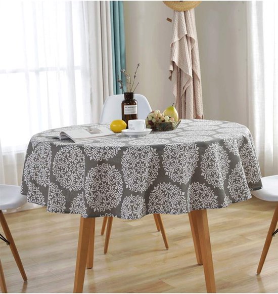 Gestreept rond tafelkleed Melony met geborduurde motieven