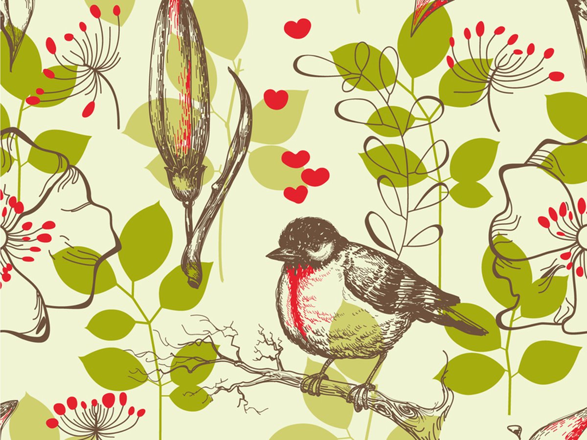 Fotobehang - Vogels en lelies vintage patroon.