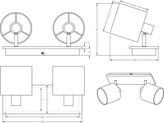 Reality - Spot plafond LED - Eclairage plafond - Culot E14 - 2 lumières - Rectangle - Marron - Aluminium
